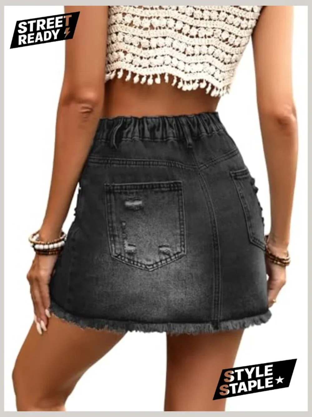 Ripped Denim Mini Skort with Pockets, A-Line Fit, Built-in Shorts - Picture 4 of 7